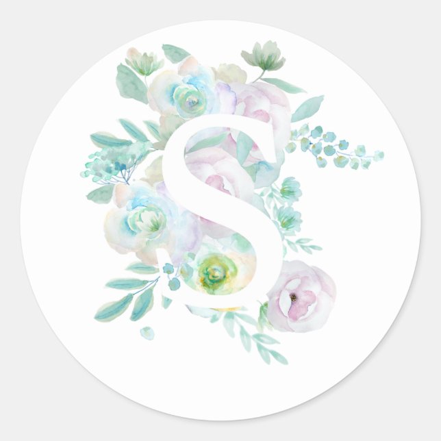 Botanisches Alphabet S grüne und violette Blumen Runder Aufkleber (Vorderseite)