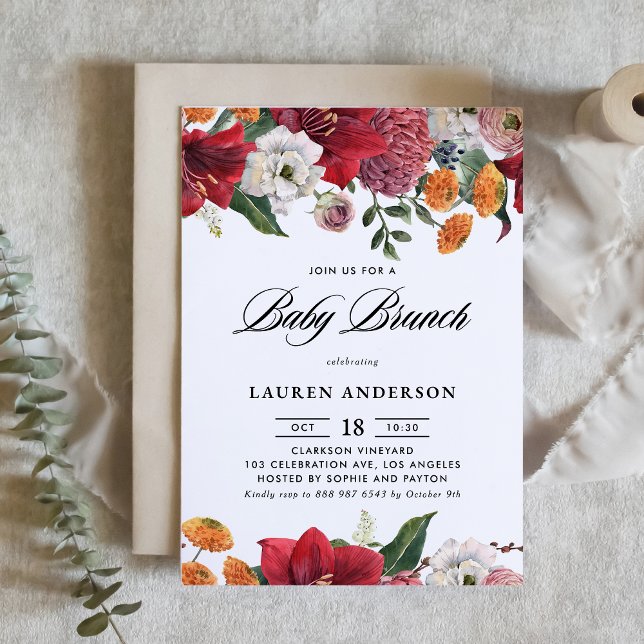 Botanisches Amaryllis und Mums Floral Baby Brunch Einladung (Von Creator hochgeladen)