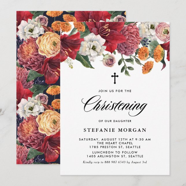Botanisches Amaryllis und Mums florales Christenin Einladung (Vorne/Hinten)