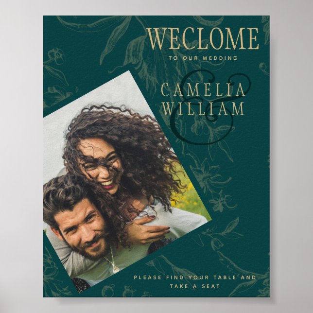 BOTANISCHES AQUAMARIN GOLD FOTO Hochzeit WILLKOMME Poster (Vorne)