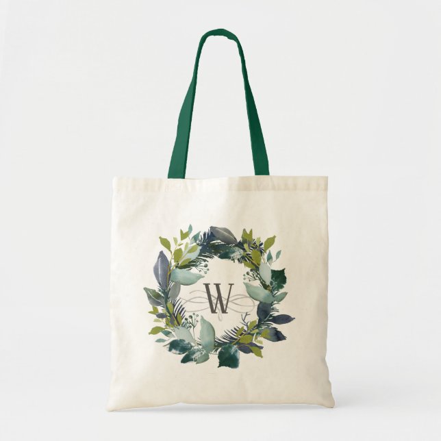 Botanisches Aquamarines grünes Monogramm für die W Tragetasche (Vorne)