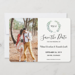 Botanisches Aquarell-Blätter mit Monogramm Foto Save The Date