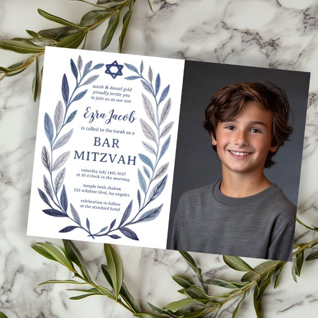 Botanisches Aquarell INDIVIDUELLES FOTO Bar Mizwa Einladung (Botanical Watercolor CUSTOM PHOTO Bat Bar Mitzvah Invitation
)