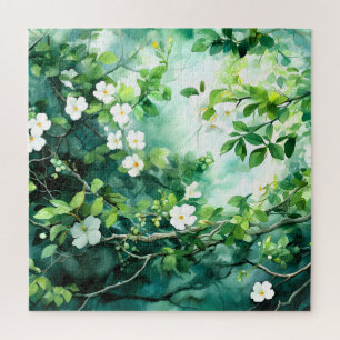 Botanisches Aquarell Weiße Blüten Grüne Blätter