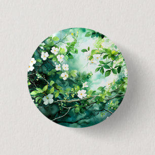 Botanisches Aquarell Weiße Blüten Grüne Blätter Button