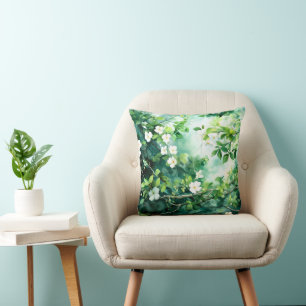 Botanisches Aquarell Weiße Blüten Grüne Blätter Kissen