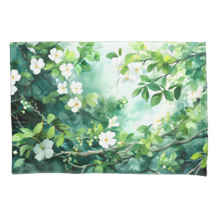 Botanisches Aquarell Weiße Blüten Grüne Blätter Kissenbezug