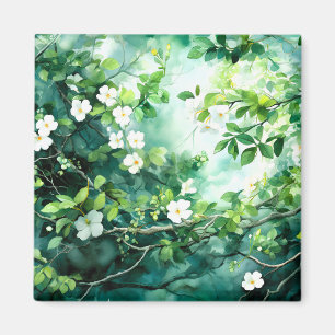 Botanisches Aquarell Weiße Blüten Grüne Blätter Magnet