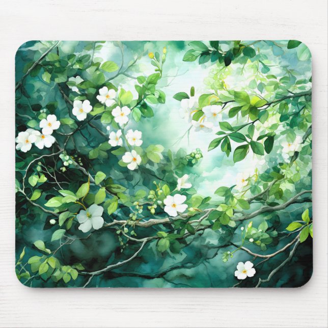 Botanisches Aquarell Weiße Blüten Grüne Blätter Mousepad (Vorne)