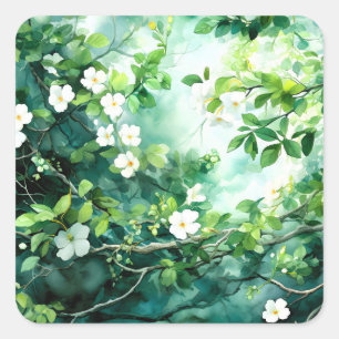 Botanisches Aquarell Weiße Blüten Grüne Blätter Quadratischer Aufkleber