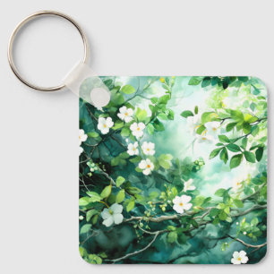 Botanisches Aquarell Weiße Blüten Grüne Blätter Schlüsselanhänger