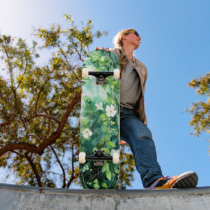 Botanisches Aquarell Weiße Blüten Grüne Blätter Skateboard