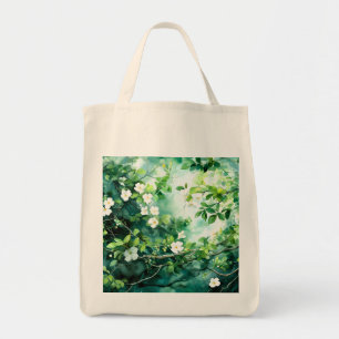 Botanisches Aquarell Weiße Blüten Grüne Blätter Tragetasche