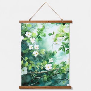 Botanisches Aquarell Weiße Blüten Grüne Blätter Wandteppich Mit Holzrahmen