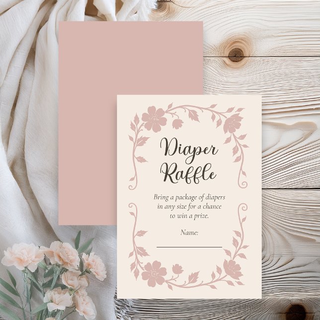 Botanisches Babyshower-Windel-Raffle-Blush Begleitkarte (Elegant botanical baby shower diaper raffle insert with soft blush floral design on neutral )