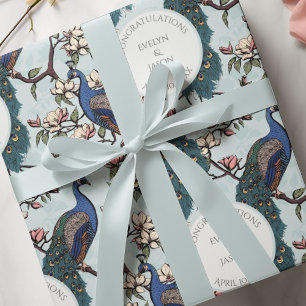 Botanisches Blau Hochzeit Pfau & Blumen  Geschenkpapier
