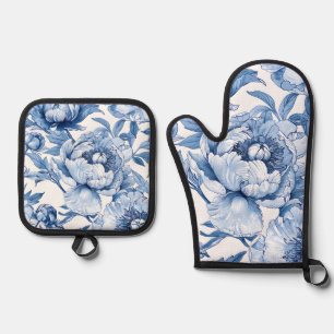 Botanisches Blau-Weiß-Elegantes Blumenmuster Ofenhandschuh & Topflappen-Set