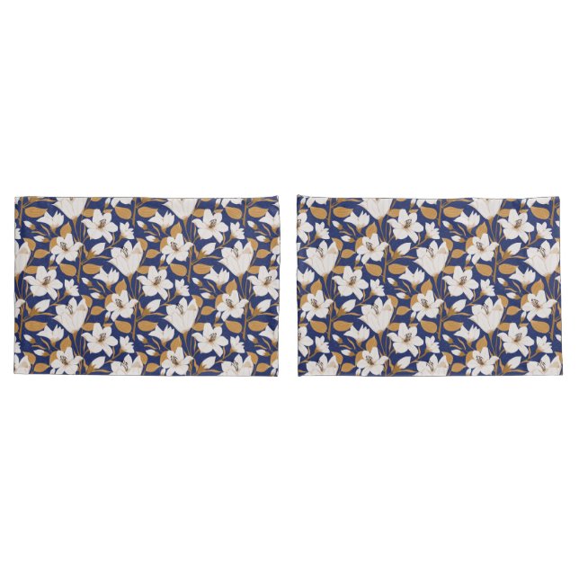 Botanisches blaues Beige-Lily-Floral-Muster Kissenbezug (Rückseite-Set)