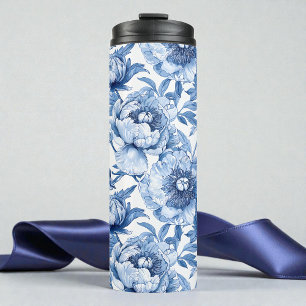 Botanisches blaues Blumen-Art Nouveau-Porzellan Thermosbecher
