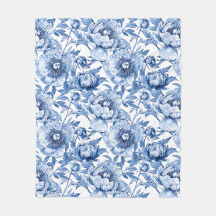 Botanisches Blaues Blumenporzellan mit zarten Blum Fleecedecke