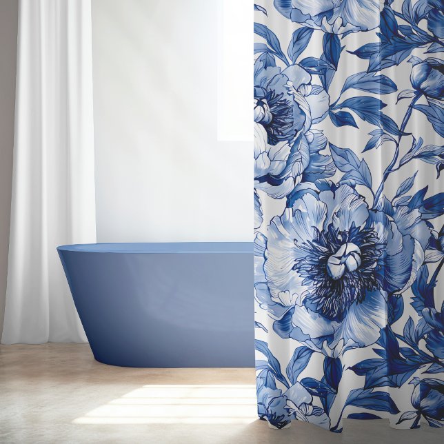 Botanisches blaues Flor Delikate Porzellan Blume Duschvorhang (Botanical Blue Floral Delicate Porcelain Flower Shower Curtain)