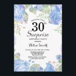 Botanisches Blaues Flora Überraschung 30. Geburtst Einladung<br><div class="desc">Botanisches blaues Floral Überraschung 30. Geburtstag Einladung. Blumenrosa-Erbsen Geburtstag Einladung für Frauen. Aquarell Floral Blume. Elegante Blume aus Rosa und Peony. Erwachsener Geburtstag. Weißer HintergrundSchwarz und Weiß. 13. 15. 16. 18. 20. 21. 30. 40. 50. 60. 70. 80. 90. 100. jedes Alter.Für weitere Anpassungen klicken Sie bitte auf die Schaltfläche...</div>
