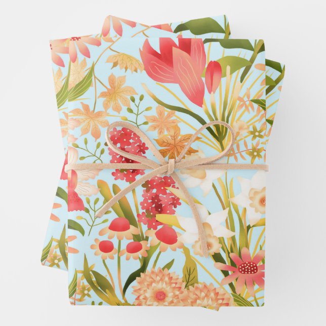 Botanisches blaues Wrapping-Papier - Flachblatt-Se Geschenkpapier Set (Beispiel)