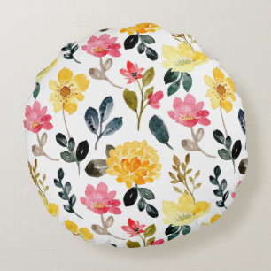 Botanisches Bliss - Rosa und Gelbe Blume Rundes Kissen