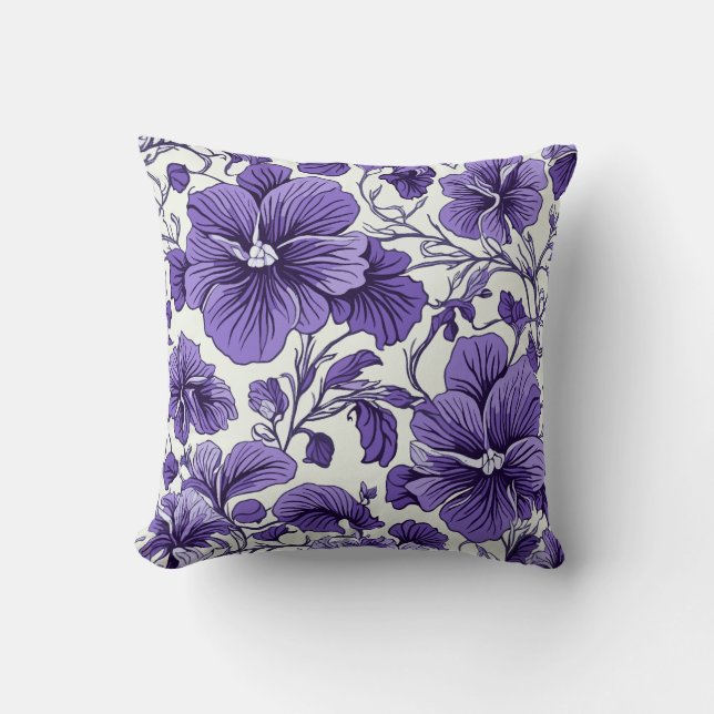 Botanisches Blumenmuster auf zwei Seiten Lila Viol Kissen (Vorderseite)