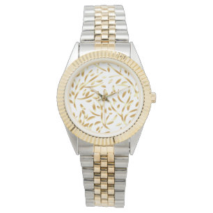 Botanisches Blumenmuster-Blätter in Gold Schwarz Armbanduhr