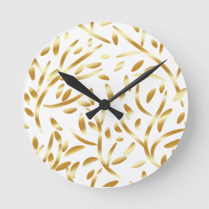 Botanisches Blumenmuster-Blätter in Gold Schwarz Runde Wanduhr