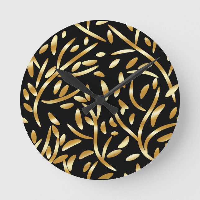 Botanisches Blumenmuster-Blätter in Gold Schwarz Runde Wanduhr (Vorderseite)