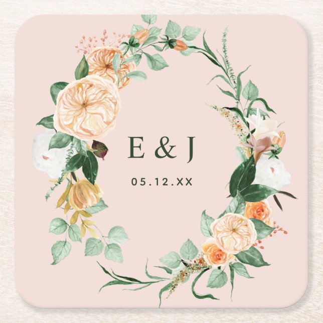 Botanisches Boho Blumengrün Monogram Wedding Rechteckiger Pappuntersetzer (Vorderseite)