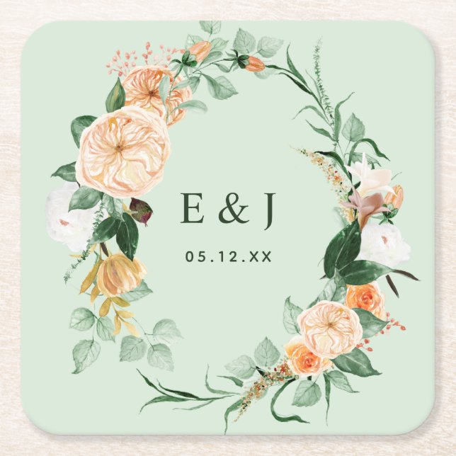 Botanisches Boho Blumengrün Monogram Wedding Sq Rechteckiger Pappuntersetzer (Vorderseite)