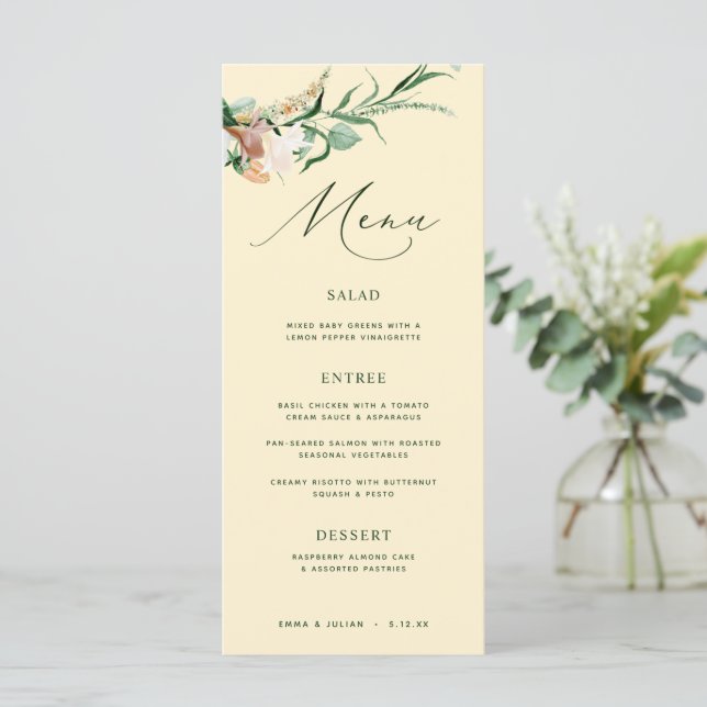 Botanisches Boho Greenery Pastel Yellow Wedding Me Menükarte (Stehend Vorderseite)