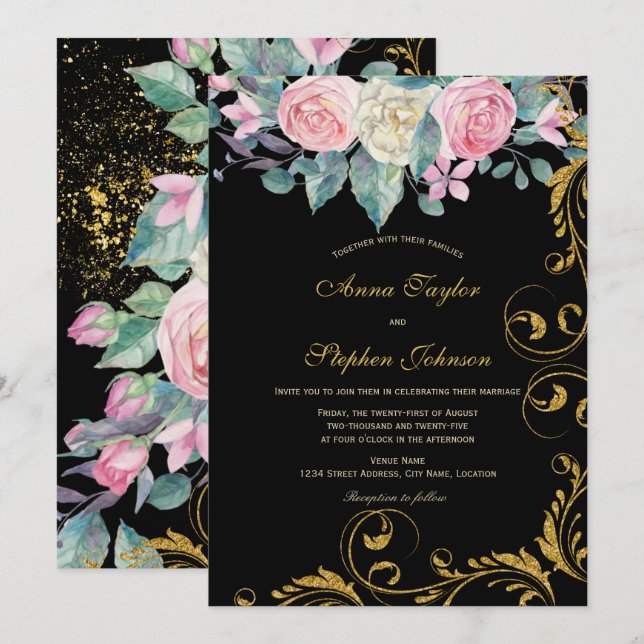 Botanisches Bouquet mit Imitate Gold Glitzer Wirbe Einladung (Vorne/Hinten)