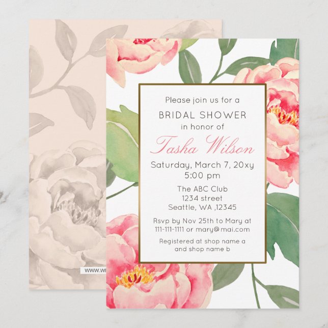 Botanisches Brautparty aus Rosa und Gold Einladung (Vorne/Hinten)