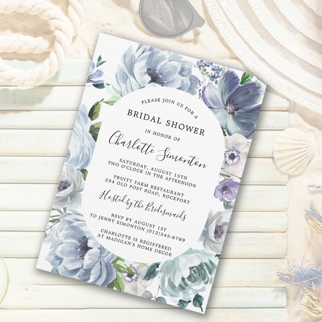 Botanisches Brautparty der modernen blauen Flora Einladung (Dusty Blue Floral Bridal Shower Invitation. Summer Style at its Chic Best!)
