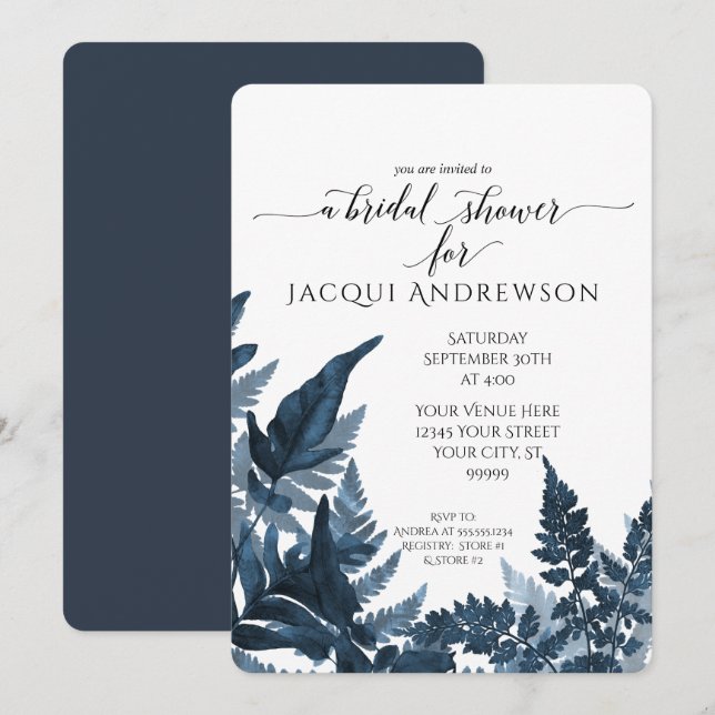 Botanisches Brautparty des Navy Fern Foliage Fores Einladung (Vorne/Hinten)