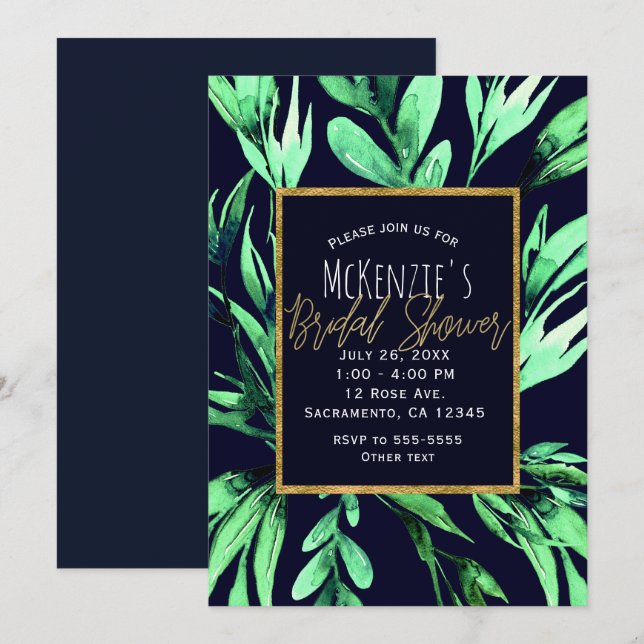 Botanisches Brautparty "Green & Blue Watercolor" Einladung (Vorne/Hinten)