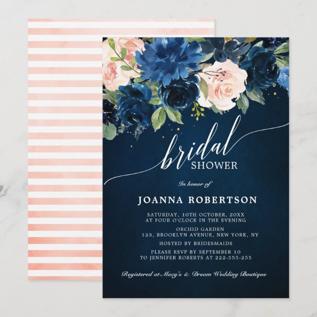 Botanisches Brautparty Navy Blue Blush Pink Rose Einladung (Vorne/Hinten)