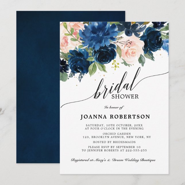 Botanisches Brautparty Navy Blue Blush Pink Rose Einladung (Vorne/Hinten)