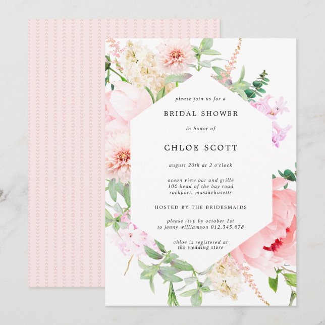 Botanisches Brautparty Pink Peony Floral Einladung (Vorne/Hinten)