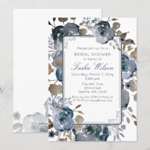 Botanisches Brautparty Vintag Blue Gold Floral Einladung
