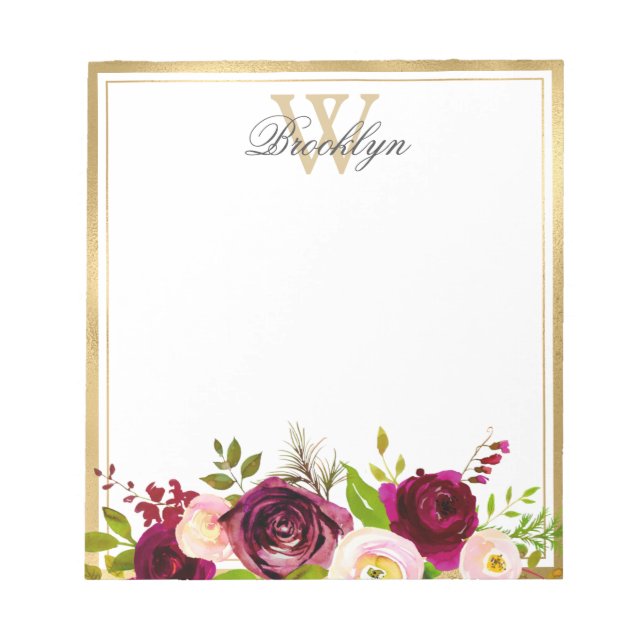 Botanisches Burgundy Blush Pink Floral Monogram Hi Notizblock (Vorderseite)
