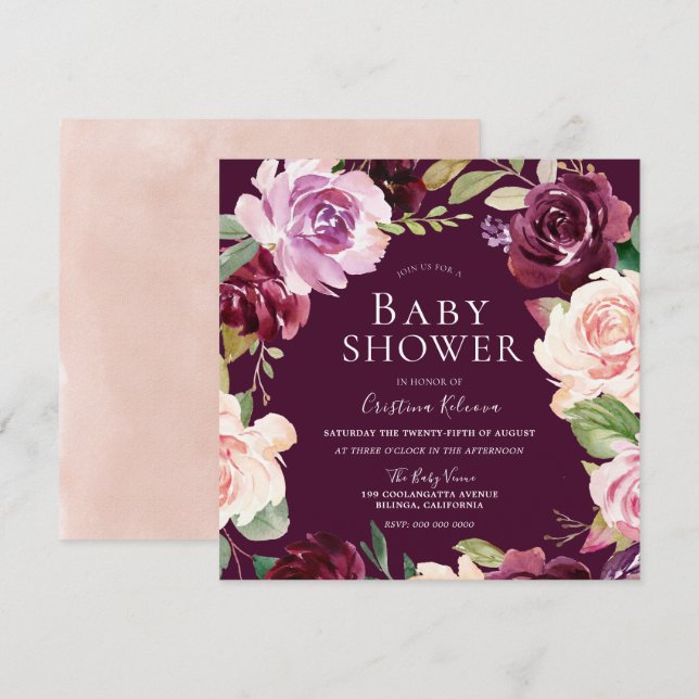 Botanisches Burgundy Blush Wasserfarbe Babydusche Einladung (Vorne/Hinten)