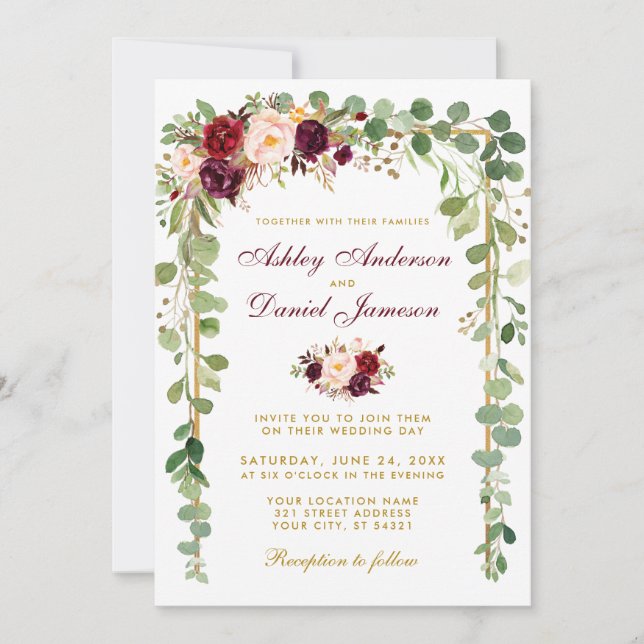 Botanisches Burgundy-Gold-Rahmen-Hochzeit Einladung (Vorderseite)