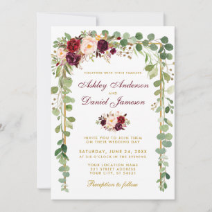 Botanisches Burgundy-Gold-Rahmen-Hochzeit Einladung
