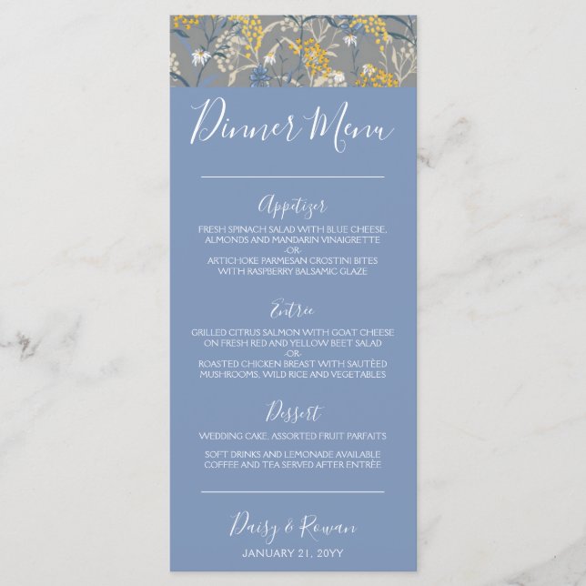 Botanisches Daisy Floral Yellow & Navy Blue Dinner Menükarte (Vorderseite)
