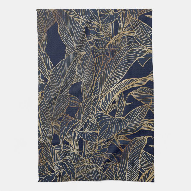 Botanisches Design der modernen Blue Gold Foliage  Geschirrtuch (Vertikal)